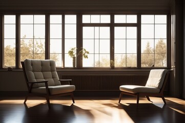 Lounge chair against window. Minimalist home interior design of modern living room. AI Generated