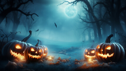 Halloween pumpkins glowing at moonlight in the spooky night