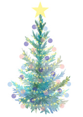 Watercolor Christmas tree with decoration