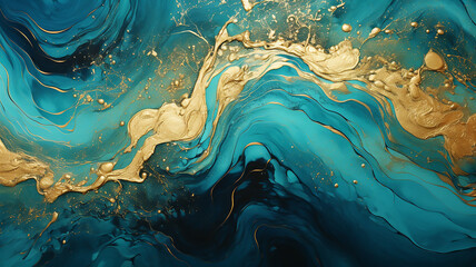 Mixing of swirls powder veins texture in turquoise and golden tones background - obrazy, fototapety, plakaty