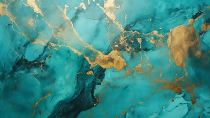 Fototapeta na wymiar Mixing of swirls powder veins texture in turquoise and golden tones background
