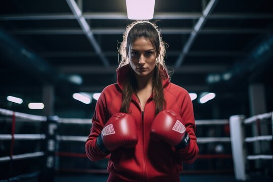 Portrait of female boxer wearing red gloves. Fitness young woman with muscular body preparing for boxing training at gym.