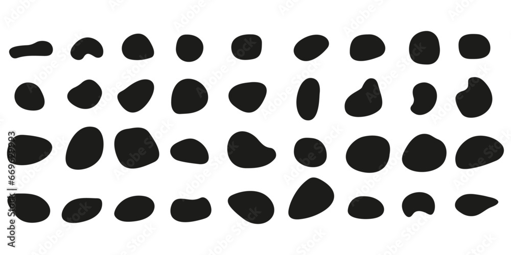 Poster Circular pattern made of amorphous ink. Set of random drop of organic stain shape.