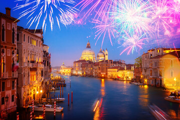 Grand canal and Basilica Santa Maria della Salute at night with fireworks, Venice, Italy - obrazy, fototapety, plakaty
