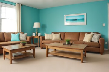 Wooden coffee table near turquoise sofa against wall with frame. AI Generated