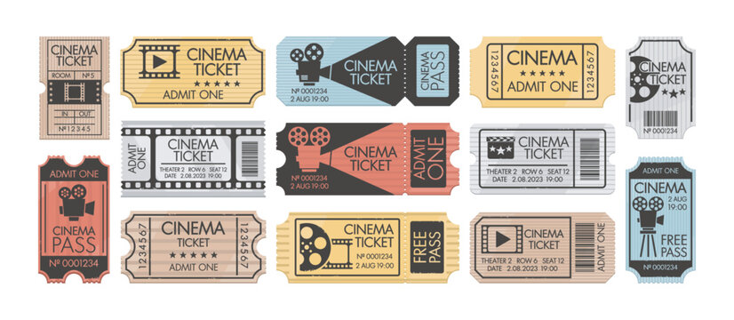 Vintage Cinema Tickets With Retro Camera And Separation Line. Pass Coupon To Movie Theater, Paper Template