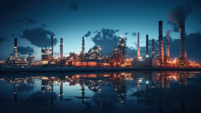 Power Plant and Tower Column oil and gas industry at night