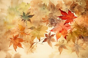 Naklejka na ściany i meble Watercolor painting of autumn leaves on a traditional Japanese paper background. Generative AI
