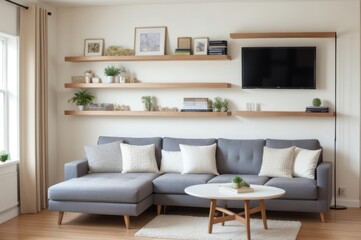 Cozy sofa against wall with poster frame and shelving unit. AI Generated