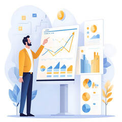  a man showing team stock market graphs, sales presentation, pitch, RFP, financial figures, financial sector - flat design/vector graphics