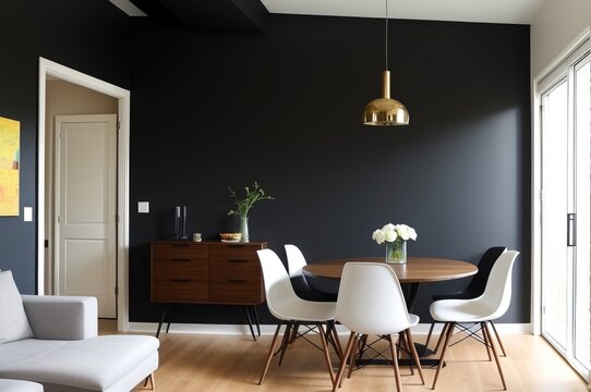 Interior design of modern apartment, living room with black stuco walls and dining room. AI Generated