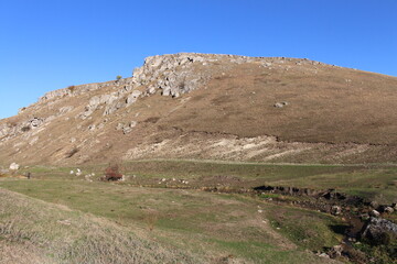 A grassy hill with a dirt hill