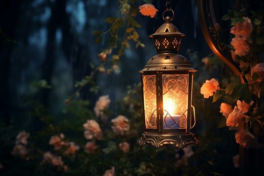Gorgeous vibrant lamp in the misty garden during the night. Vintage lantern outdoors at night. Generative AI