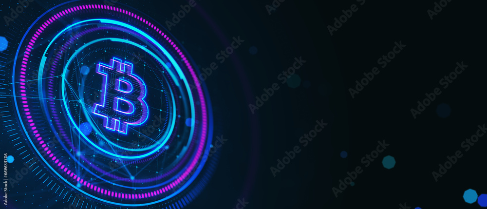 Poster creative glowing round polygonal bitcoin hologram on dark wide background with mock up place. online