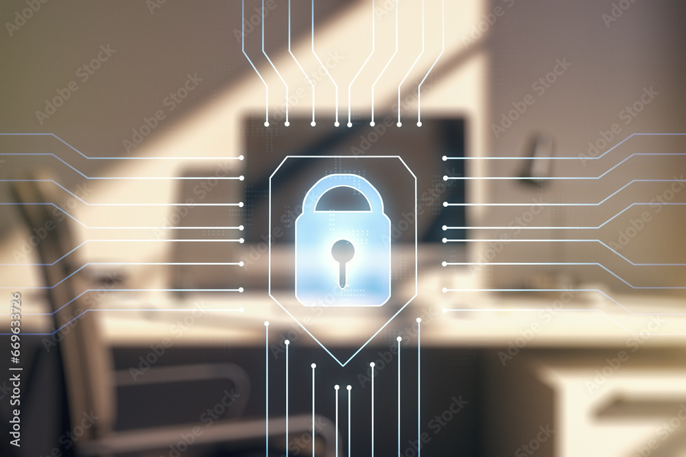 Poster double exposure of creative lock hologram with chip and modern desktop with laptop on background. in