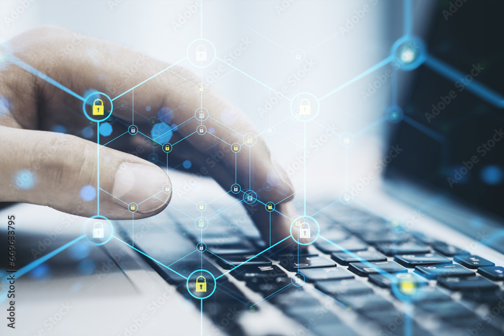 Poster Close up of male hands using laptop with creative glowing hexagonal pattern with tiny padlocks on blurry background. Digital security and firewall concept. Double exposure.