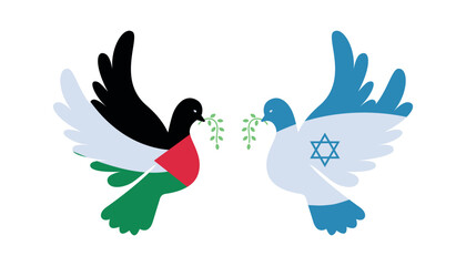 Dove with Palestine and Israel flag color. Symbol of peace and World support concept. Flat vector illustration