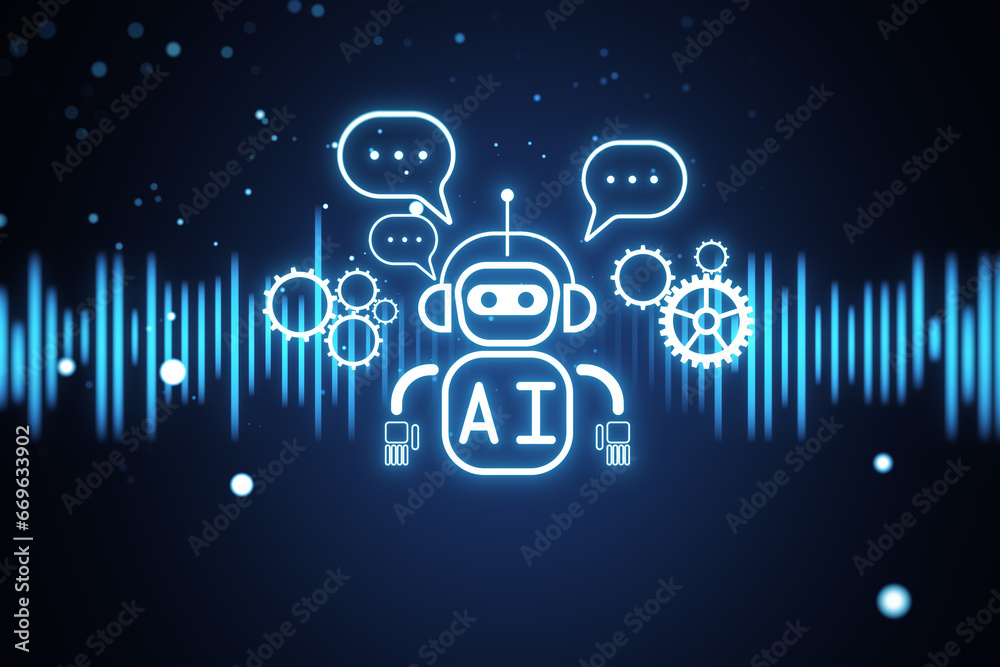 Poster Creative glowing robot ai hologram on blurry background. Automated machine learning, artificial intelligence and conversation assistant concept. 3D Rendering.