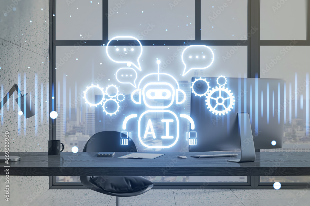 Aufkleber Close up of office workplace with computer and supplies on desk, creative glowing robot ai hologram over on blurry background. Automated machine learning and assistant concept. 3D Rendering.