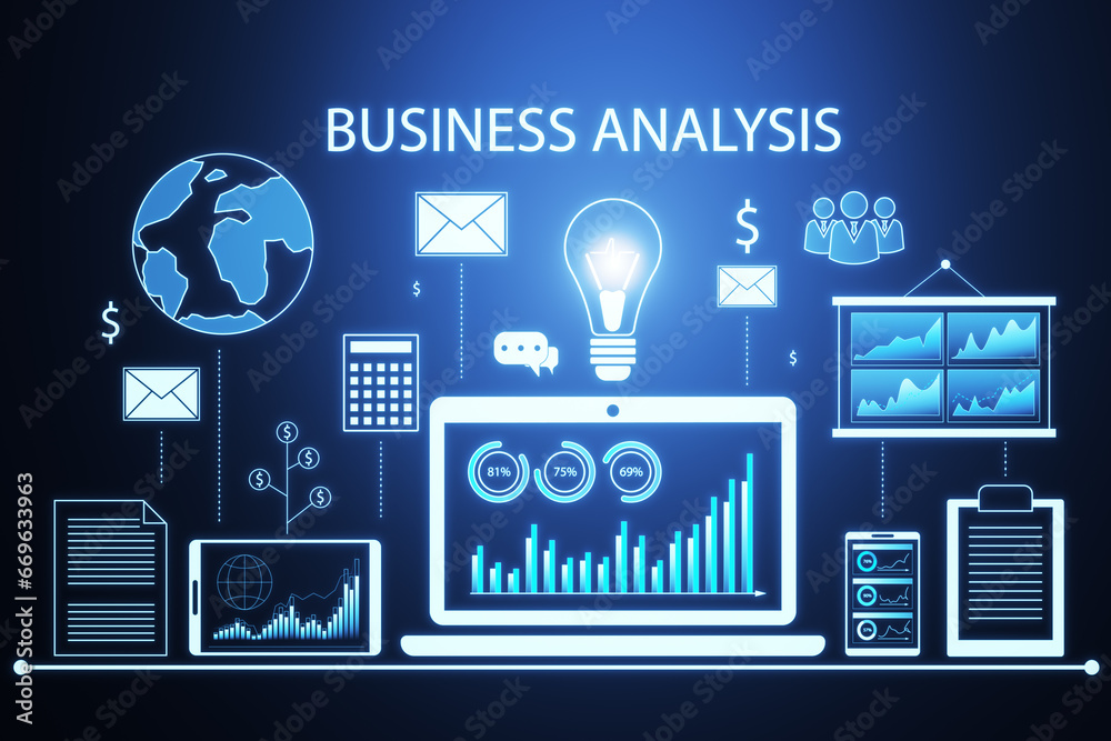 Poster creative financial data and accounting hologram with devices and charts on blue background. statisti