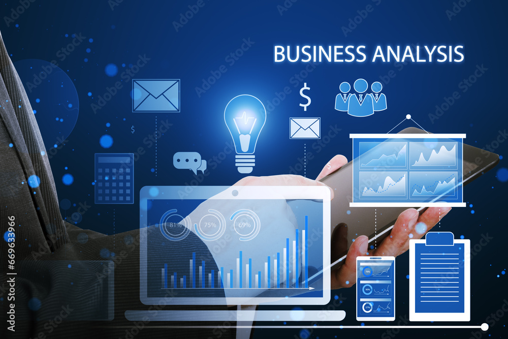 Poster close up of businessman hand using smartphone with financial data and accounting hologram with devic
