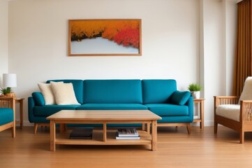 Wooden coffee table near turquoise sofa against wall with frame. AI Generated