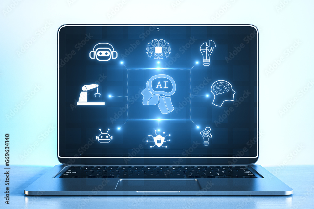 Aufkleber Close up of laptop on desk with glowing ai hologram with digital human head on blurry background. Automated machine learning, artificial intelligence and conversation assistant concept. 3D Rendering.
