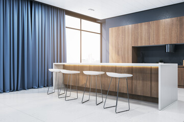 Simple wooden kitchen interior with equipment, island, curtain and window with city view and daylight. 3D Rendering.