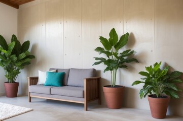 Brown concrete stucco wall and pot with plant, interior background of living room. AI Generated