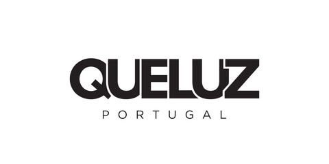 Queluz in the Portugal emblem. The design features a geometric style, vector illustration with bold typography in a modern font. The graphic slogan lettering.