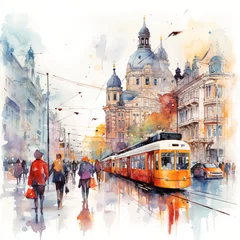 Foto op Canvas Expressive Watercolor Cityscape in Vibrant Hues © HustlePlayground