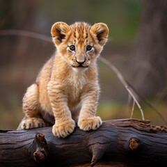 Lion cub standing on log