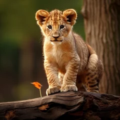 Meubelstickers Lion cub standing on log © rao zabi