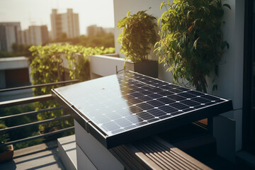 Mini solar panel on an apartment balcony - obrazy, fototapety, plakaty