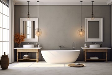 Fototapeta na wymiar Elegant bathroom with bathtub, carpet, mirror, pendant lamps, and blank background. Generative AI