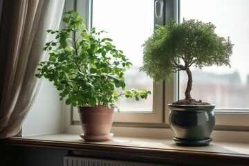 A potted tree on a windowsill beside a window with another windowsill in the background. Generative AI