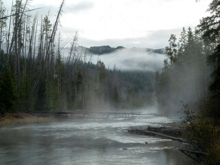 Idaho mountain stream with fog lifting to the high mountains