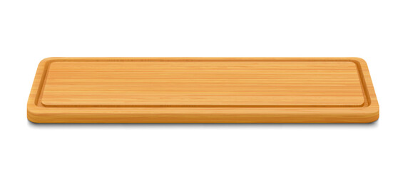 New rectangular wooden cutting board, side view, isolated on white background. Trays or plate of rectangular shapes, natural, eco-friendly kitchen utensils, realistic 3d vector illustration.