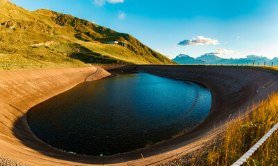 High resolution stitched alpine summer panorama with reflections in a lake at Mount Hochjoch,...