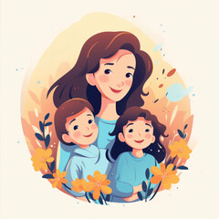 Mom with son and daughter, vector illustration