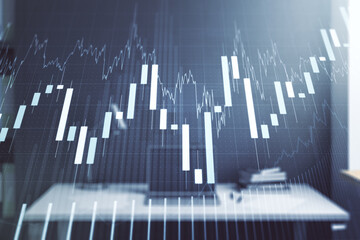 Double exposure of abstract creative financial chart and modern desktop with laptop on background, research and strategy concept