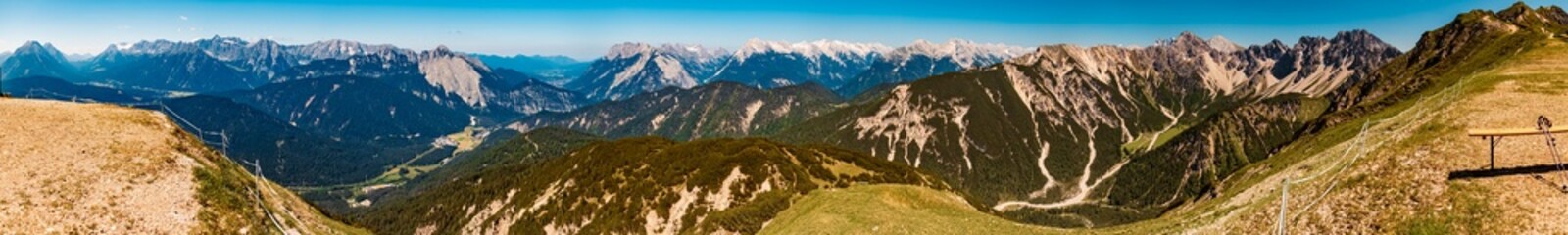 Fototapeta na wymiar High resolution stitched alpine summer panorama at Mount Seefelder Joch, Rosshuette, Seefeld, Tyrol, Austria