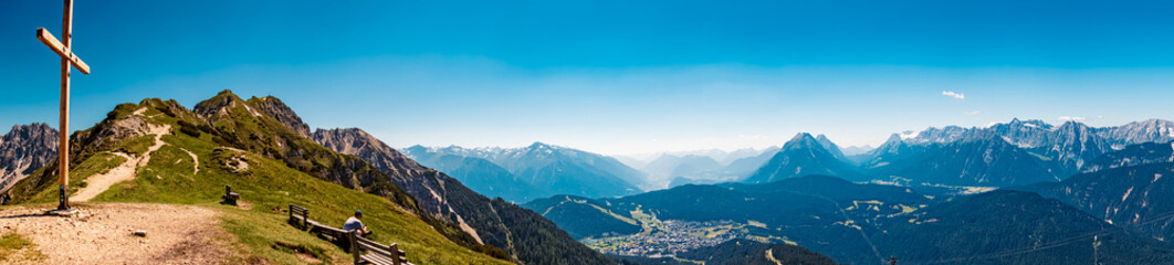 High resolution stitched alpine summer panorama at Mount Seefelder Joch, Rosshuette,  Seefeld,...