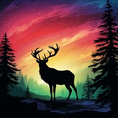 Silhouette of barren-ground caribou reindeer standing against aurora borealis