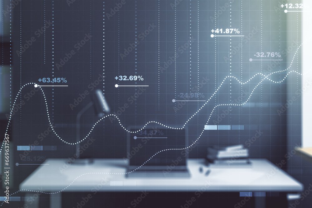Poster abstract creative stats data concept and modern desktop with computer on background. multiexposure