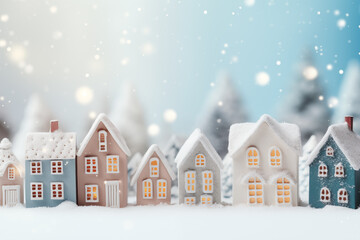 Christmas snow-covered toy houses on a glowing background with a place for text.