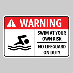 Swim at your own risk sign, no lifeguard on duty