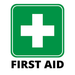 First aid sign with green box and white cross and the words First Aid below