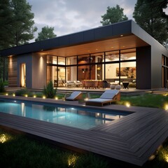 Small modern design home with backyard pool.