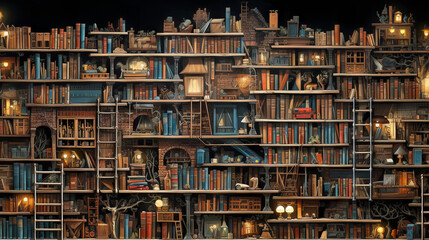 Shelves full of books with fantasy - obrazy, fototapety, plakaty